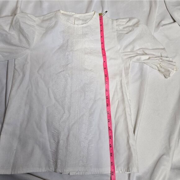 VINTAGE 80s white puff sleeve embroidered eyelet button back blouse top S - Picture 9 of 9